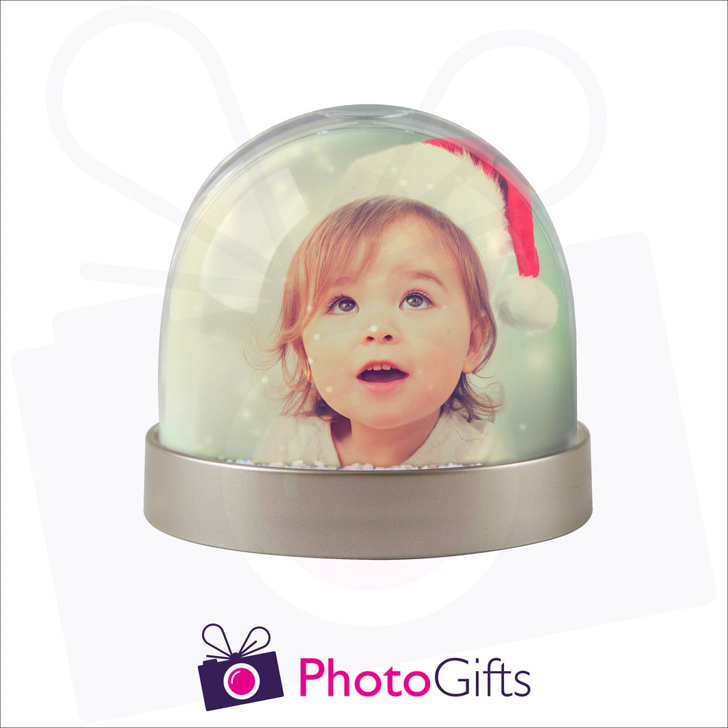Personalised metallic base snow globe as produced by Photogifts.co.uk