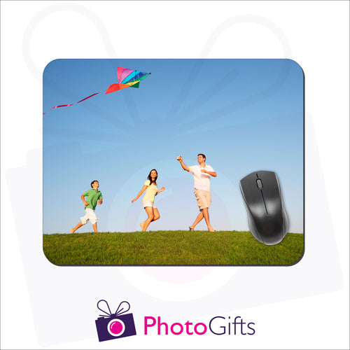 Rectangular shaped mousemat that is personalised with your own choice of image as produced by Photogifts.co.uk