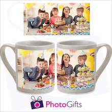 Load image into Gallery viewer, 7oz personalised white china mug with your own choice of image on the mug as produced by Photogifts.co.uk. Image above the mugs shows the full picture used and how it would look on the mug
