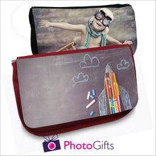 Load image into Gallery viewer, Black and red soft pencil-case that can be personalised with your own image on the front flap as produced by Photogifts.co.uk

