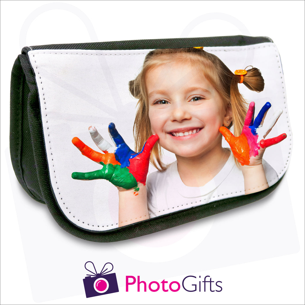 Soft pencil case in black with your own choice of image on the front flap as produced by Photogifts.co.uk