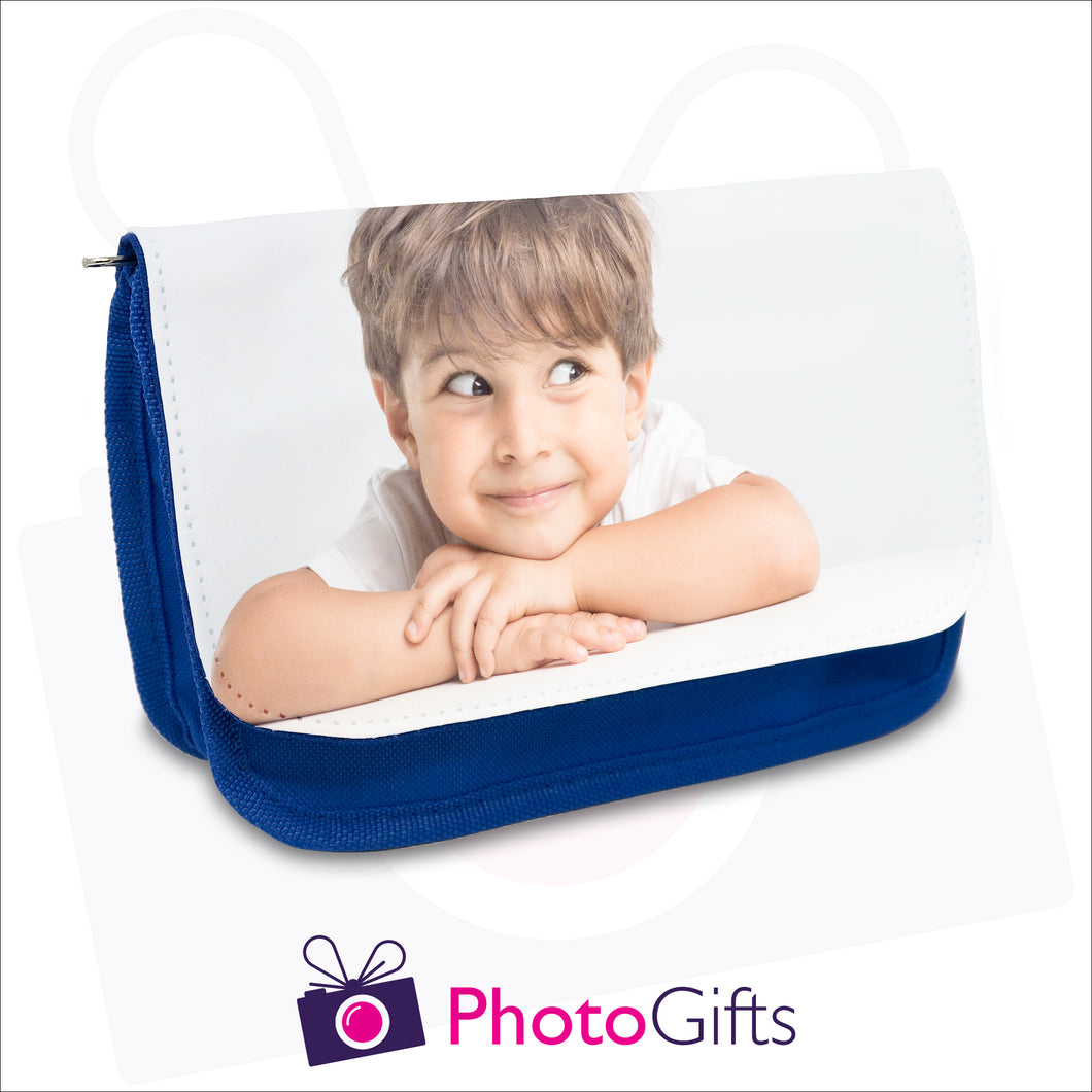 Personalised blue soft pencil case with your own choice of image on the front flap as produced by Photogifts.co.uk