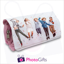 Load image into Gallery viewer, Soft pencil case in pink with your own choice of image on the front flap as produced by Photogifts.co.uk
