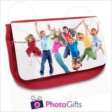 Load image into Gallery viewer, Soft red pencil case with your own choice of image on the front as produced by Photogifts.co.uk
