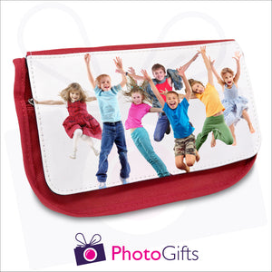 Soft red pencil case with your own choice of image on the front as produced by Photogifts.co.uk