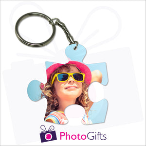 Double sided plastic keyring in the shape of a jigsaw puzzle that has your own choice of picture on both sides as produced by Photogifts.co.uk
