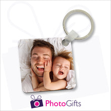 Load image into Gallery viewer, Double sided square durable plastic keyring with your own choice of image printed on both sides as produced by Photogifts.co.uk
