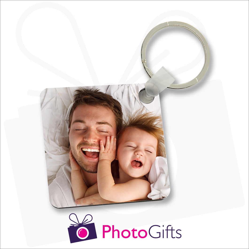 Double sided square durable plastic keyring with your own choice of image printed on both sides as produced by Photogifts.co.uk