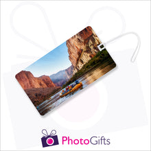 Load image into Gallery viewer, Personalised rectangular luggage tag with your own choice of image as produced by Photogifts.co.uk
