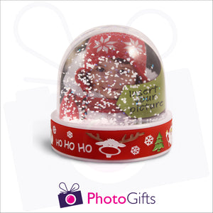 Personalised red Christmas base snow globe as produced by Photogifts.co.uk