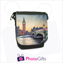 Load image into Gallery viewer, Personalised mini reporter bag in black with your own choice of image on the front flap as produced by Photogifts.co.uk

