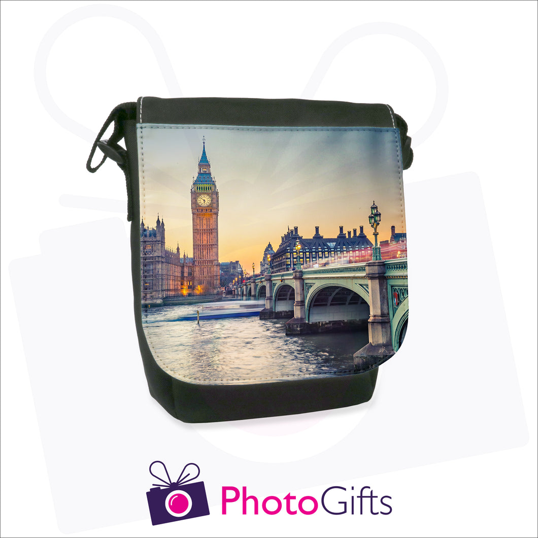 Personalised mini reporter bag in black with your own choice of image on the front flap as produced by Photogifts.co.uk