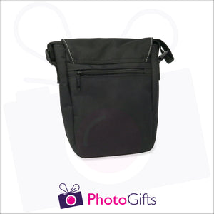 Back view of personalised mini reporter bag in black with your own choice of image on the front flap as produced by Photogifts.co.uk