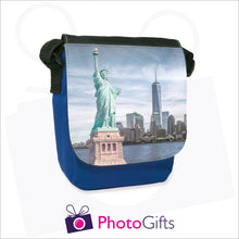 Load image into Gallery viewer, Personalised mini reporter bag in blue with your own choice of image on the front flap as produced by Photogifts.co.uk
