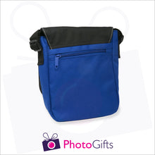 Load image into Gallery viewer, Back view of personalised mini reporter bag in blue with your own choice of image on the front flap as produced by Photogifts.co.uk
