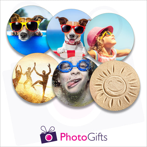 Six individually personalised cork backed drinks coasters with your own choice of image as produced by Photogifts.co.uk