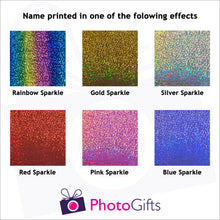 Load image into Gallery viewer, 6 squares showing the different sparkly colours of text available by Photogifts.co.uk
