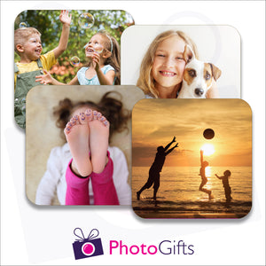 Four individually personalised hard board drinks coasters with your own choice of image as produced by Photogifts.co.uk