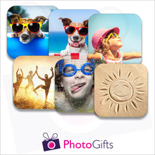 Load image into Gallery viewer, Six individually personalised cork backed drinks coasters with your own choice of image as produced by Photogifts.co.uk
