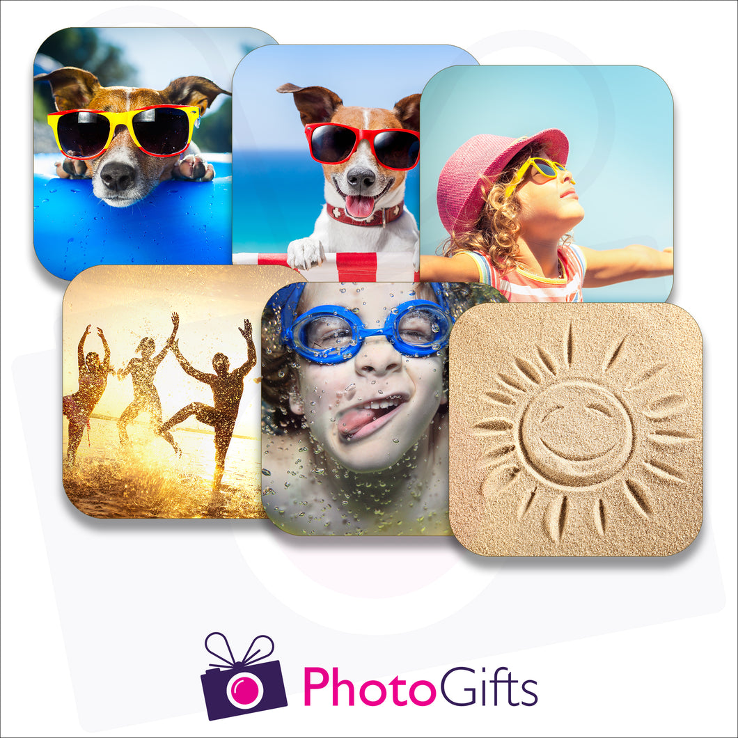 pack of six personalised square rubber coasters as produced by photogifts.co.uk