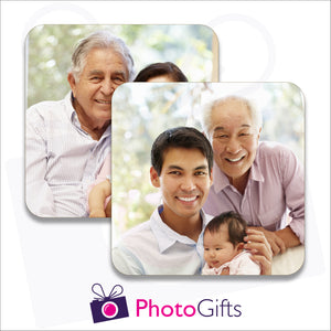 Pack of two individually personalised square rubber coasters as produced by Photogifts.co.uk