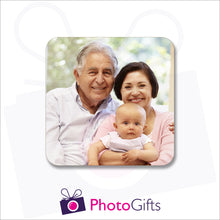 Load image into Gallery viewer, Single square personalised rubber coaster with your own choice of image as produced by Photogifts.co.uk
