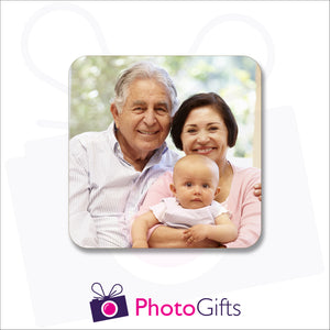 Single square personalised rubber coaster with your own choice of image as produced by Photogifts.co.uk