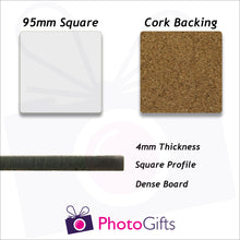 Load image into Gallery viewer, dimensions of square cork backed coaster as produced by photogifts.co.uk
