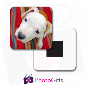 Personalised square fridge magnet with your own choice of image on the magnet as produced by Photogifts.co.uk