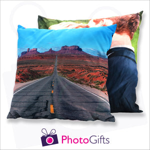 Two personalised large square cushions with your own choice of image on the cushion as produced by Photogifts.co.uk