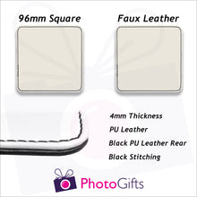 Load image into Gallery viewer, Information on size and material for faux leather coasters as produced by Photogifts.co.uk
