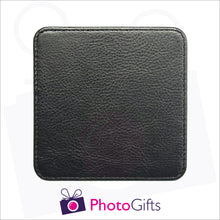 Load image into Gallery viewer, close up photo of the rear of the personalised faux leather square coaster as produced by Photogifts.co.uk
