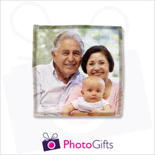 Load image into Gallery viewer, An individually personalised square linen coaster with your own choice of image as produced by Photogifts.co.uk
