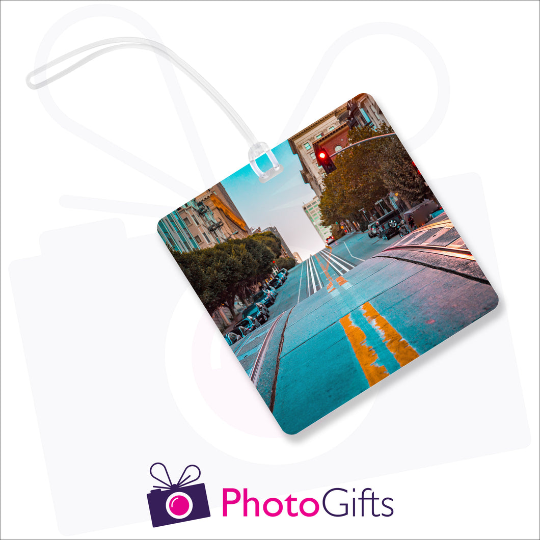 Personalised square luggage tag with your own choice of image as produced by Photogifts.co.uk