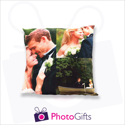 Personalised medium square cushion with your own choice of image on the cushion as produced by Photogifts.co.uk