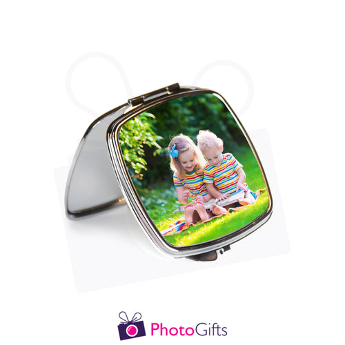 Open view of personalised square compact mirror with your own choice of image on the front as produced by Photogifts.co.uk