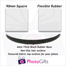 Load image into Gallery viewer, Information on size and material for rubber coasters as produced by Photogifts.co.uk
