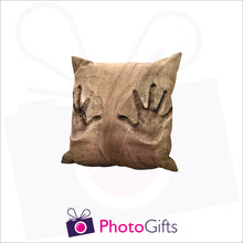 Load image into Gallery viewer, Personalised small square cushion with your own choice of image on the cushion as produced by Photogifts.co.uk
