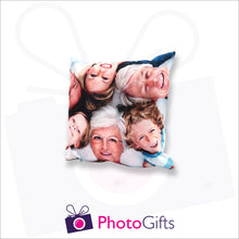 Load image into Gallery viewer, Personalised small square cushion with your own choice of image on the cushion as produced by Photogifts.co.uk
