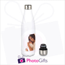 Load image into Gallery viewer, Personalised silver thermal bowling pin bottle with your own choice of image as produced by Photogifts.co.uk
