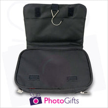 Load image into Gallery viewer, Inside detail from black personalised toilet bag showing metal hook for hanging when toilet bag is in use as produced by Photogifts.co.uk
