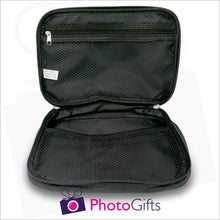 Load image into Gallery viewer, mesh pocket detail of black toilet personalised bag as produced by Photogifts.co.uk

