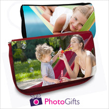 Load image into Gallery viewer, Black and red vanity cases that can be personalised with your own choice of image on the flap as produced by Photogifts.co.uk
