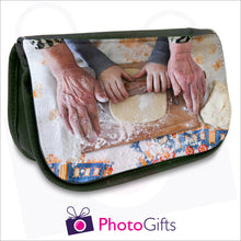 Load image into Gallery viewer, Black personalised vanity case with your own choice of image on the flap as produced by Photogifts.co.uk
