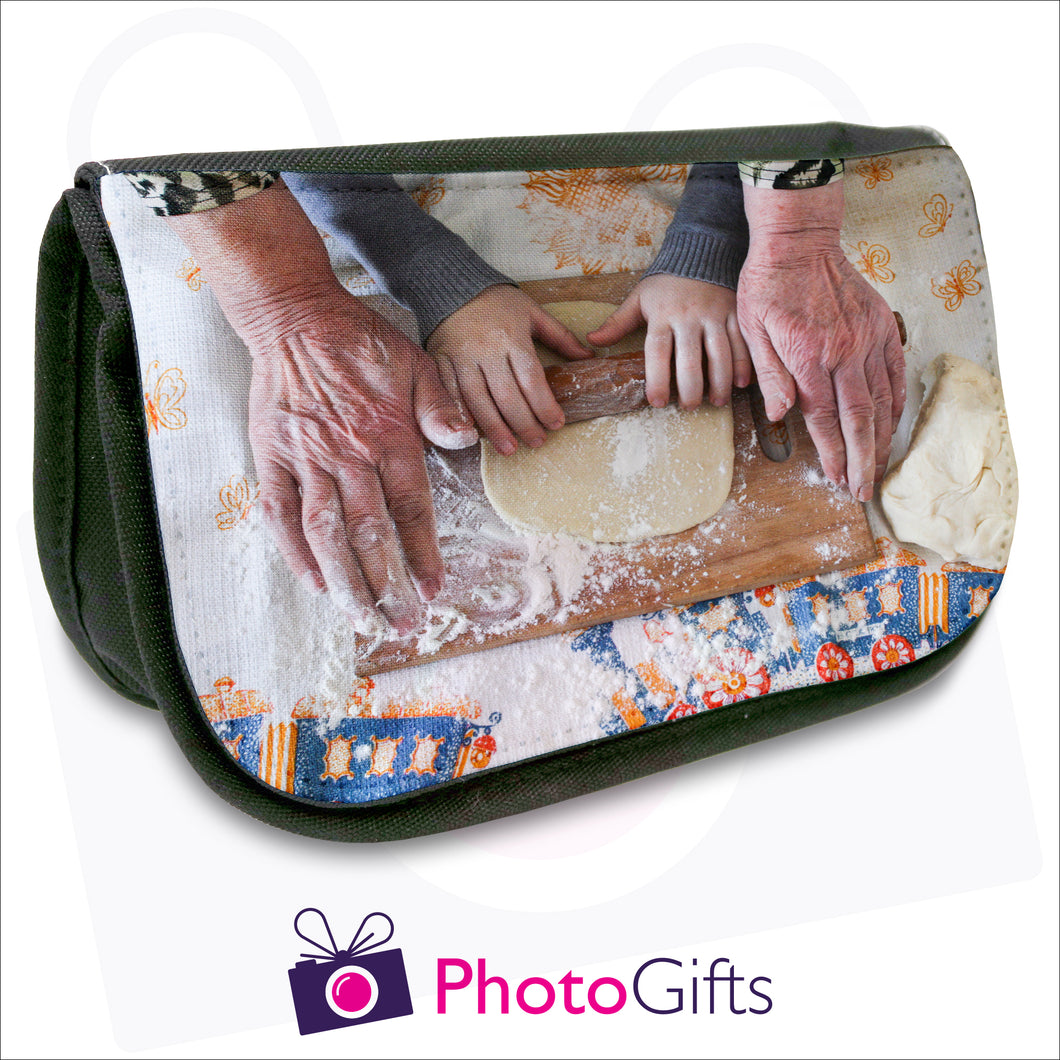Black personalised vanity case with your own choice of image on the flap as produced by Photogifts.co.uk