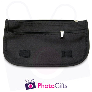 Inside detail of black personalised vanity case showing two zipped pockets as produced by Photogifts.co.uk 