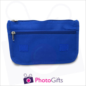 Blue vanity case inside showing the two zipped pockets. Your own choice of image would be on the front flap as produced by Photogifts.co.uk
