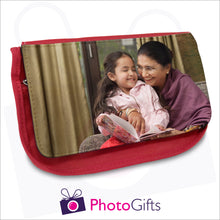 Load image into Gallery viewer, Red personalised vanity case with your own choice of image on the front flap as produced by Photogifts.co.uk
