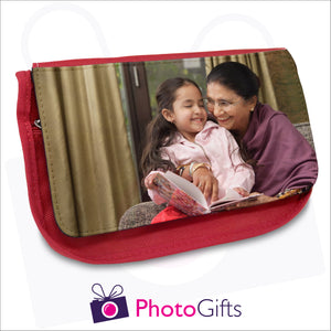 Red personalised vanity case with your own choice of image on the front flap as produced by Photogifts.co.uk